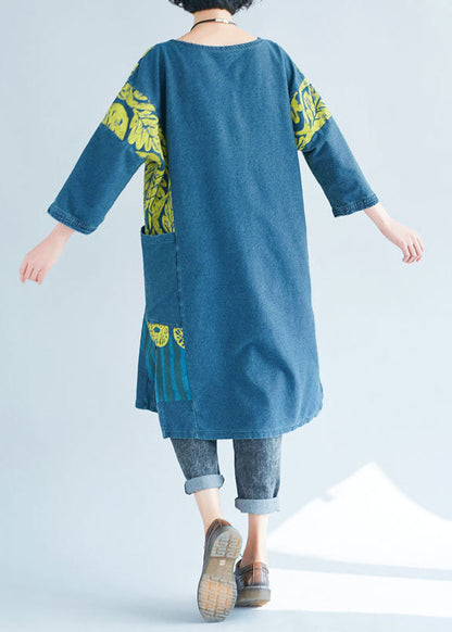 Frauen Blau O-Ausschnitt Seite offen Print Sweatshirts Kleider Frühling