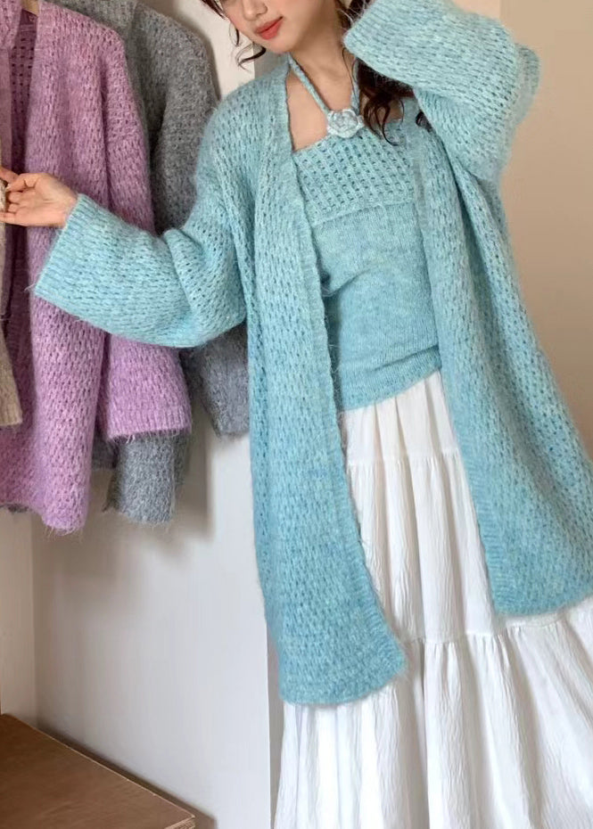 Women Blue Oversized Floral Decorated Knit Two Pieces Set Winter