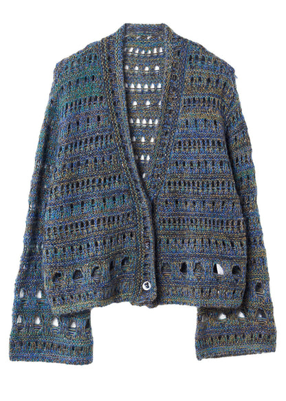 Women Blue Oversized Hollow Out Knit Loose Coat Fall