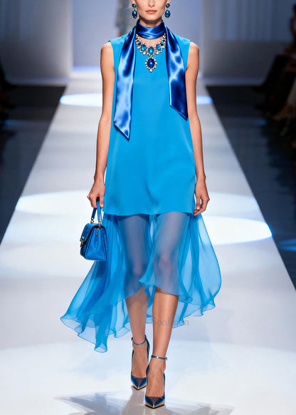 Women Blue Oversized Patchwork Chiffon Long Dress Summer
