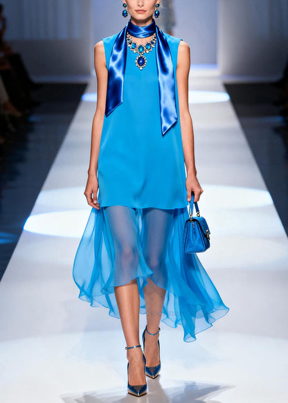 Women Blue Oversized Patchwork Chiffon Long Dress Summer