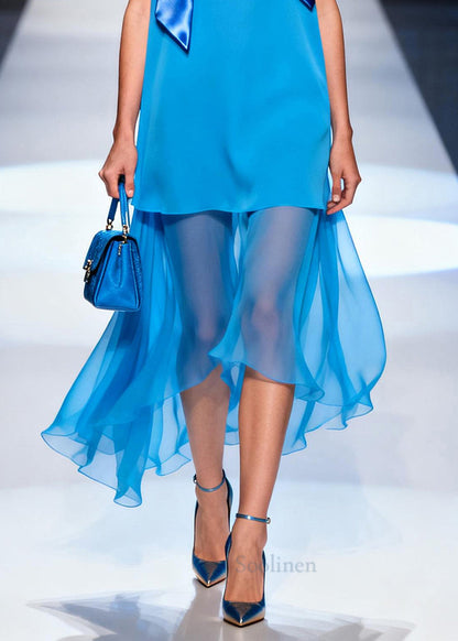 Women Blue Oversized Patchwork Chiffon Long Dress Summer