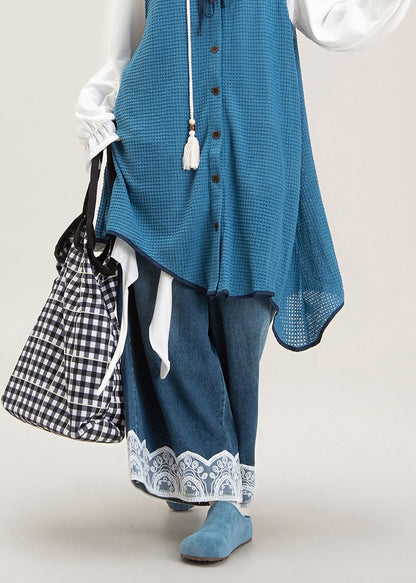 Pantalones vaqueros anchos de pierna ancha con encaje y patchwork de gran tamaño para mujer, color azul, primavera