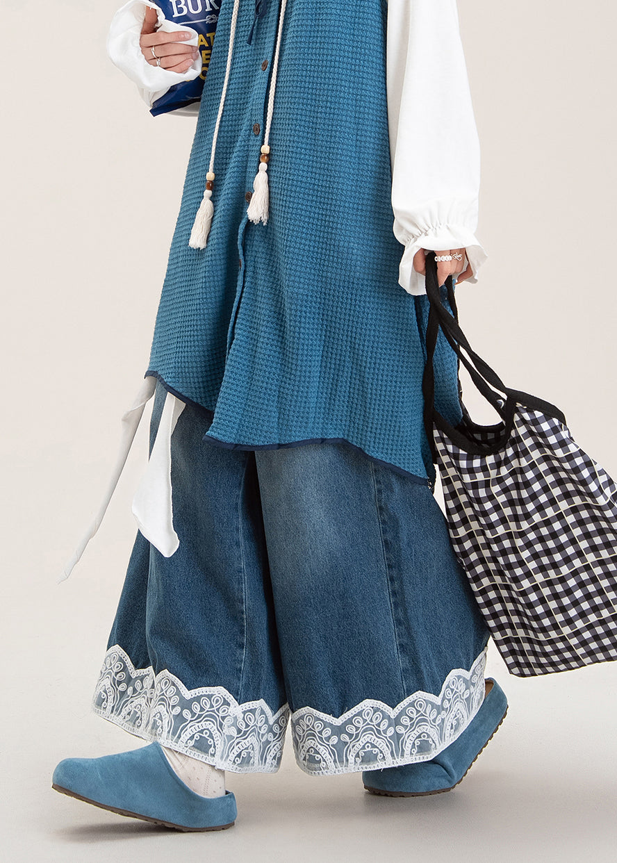 Pantalones vaqueros anchos de pierna ancha con encaje y patchwork de gran tamaño para mujer, color azul, primavera