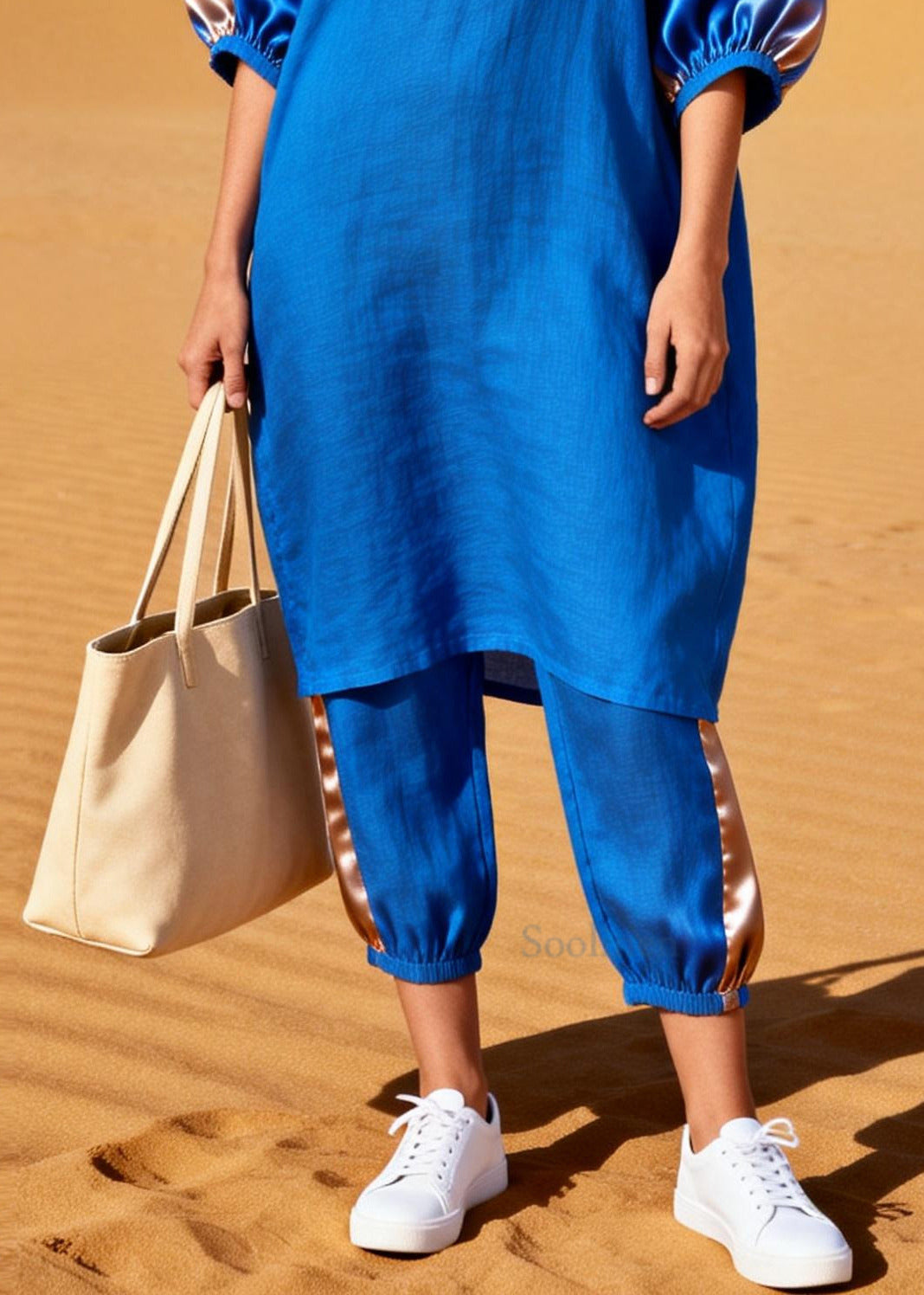 Women Blue Oversized Patchwork Silk Cotton Two Pieces Set Summer