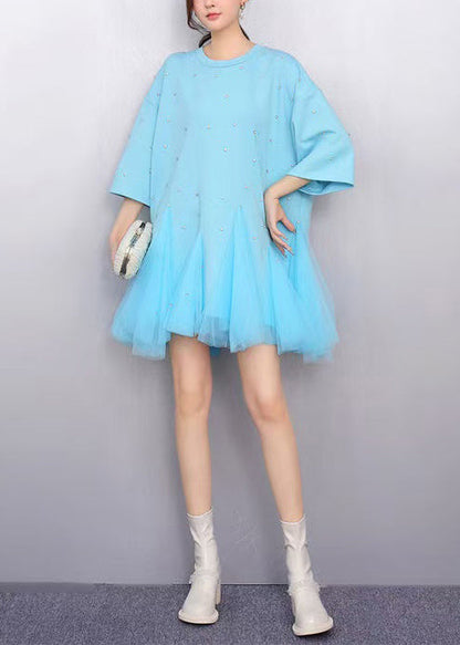 Women Blue Oversized Patchwork Tulle Mini Dress Summer