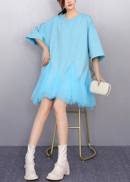 Women Blue Oversized Patchwork Tulle Mini Dress Summer