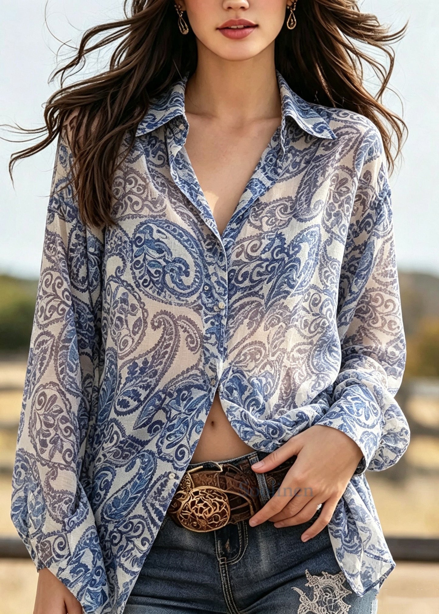 Women Blue Oversized Print Chiffon UPF 50+ Blouse Top Summer
