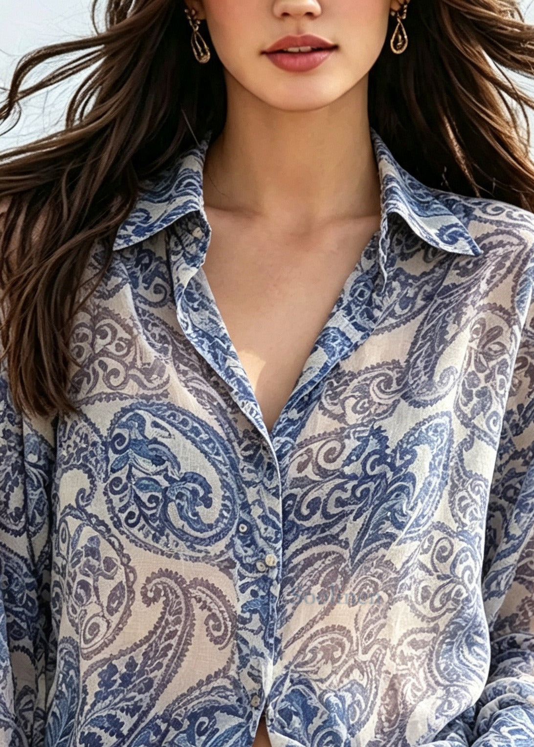 Women Blue Oversized Print Chiffon UPF 50+ Blouse Top Summer