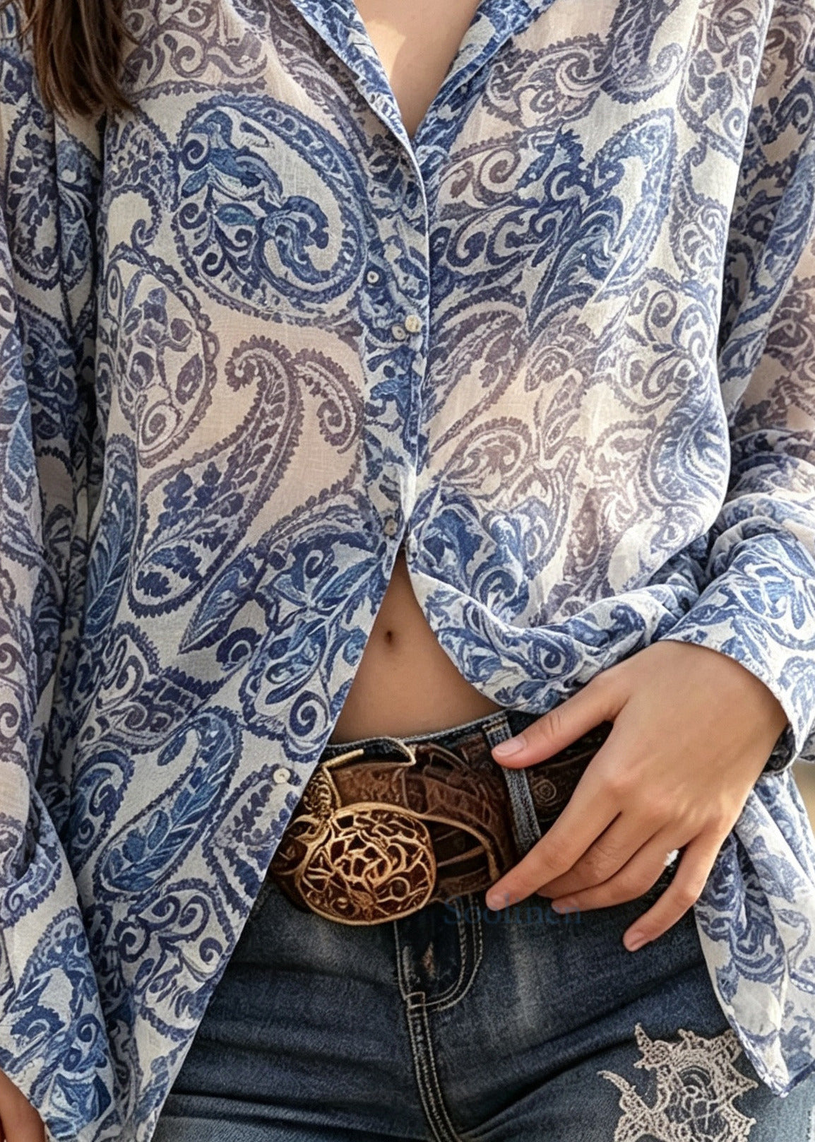 Women Blue Oversized Print Chiffon UPF 50+ Blouse Top Summer