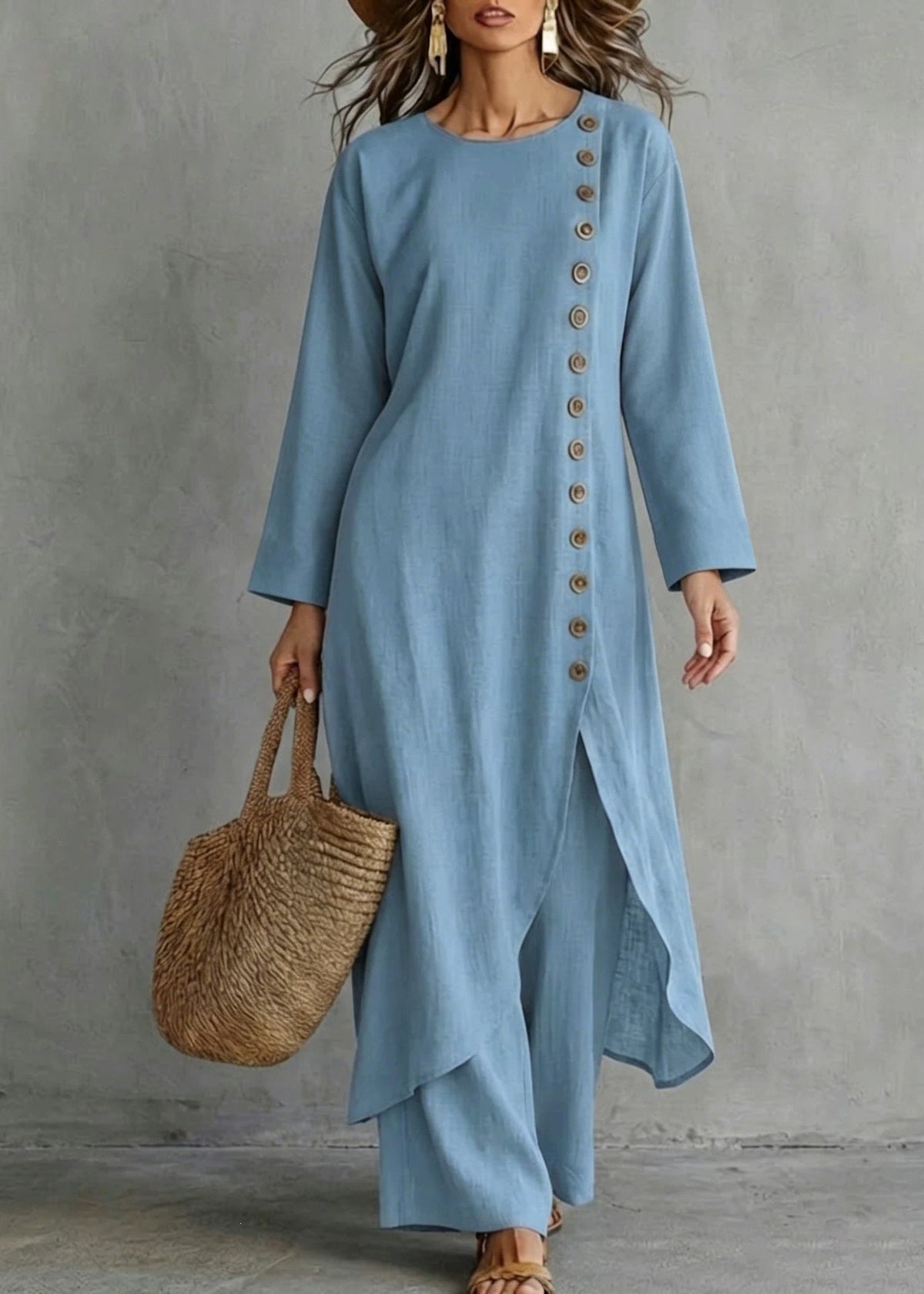 Women Blue Oversized Single Breasted Cotton Women Sets 2 Pieces Fall
