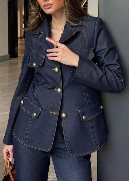 Women Blue Peter Pan Collar Coat And Pants Denim Two Pieces Set Fall