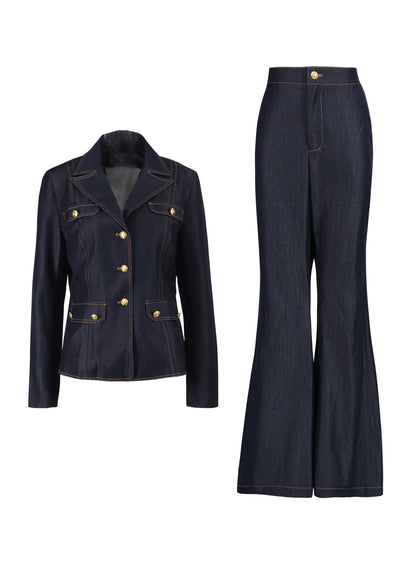 Women Blue Peter Pan Collar Coat And Pants Denim Two Pieces Set Fall
