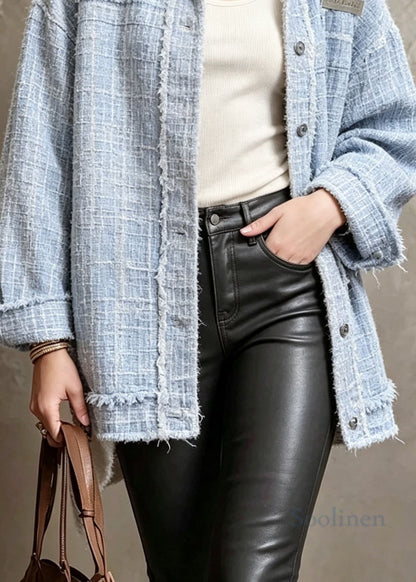 Women Blue Peter Pan Collar Patchwork Denim Coat Fall