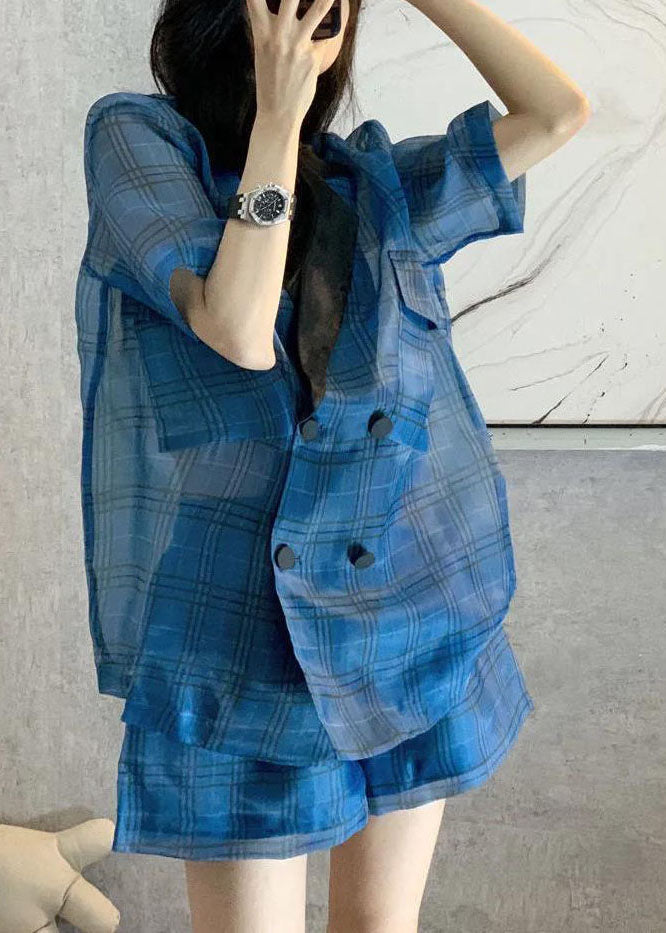 Women Blue Peter Pan Collar Plaid Patchwork top hot pants Two-Piece Set Short Sleeve