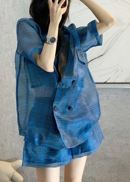 Women Blue Peter Pan Collar Plaid Patchwork top hot pants Two-Piece Set Short Sleeve