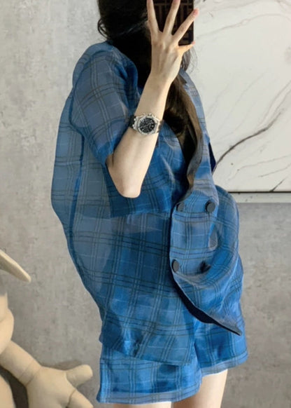 Women Blue Peter Pan Collar Plaid Patchwork top hot pants Two-Piece Set Short Sleeve