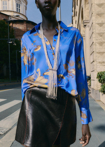 Women Blue Peter Pan Collar Print Silk Shirt Long Sleeve