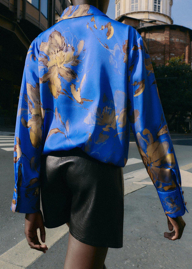 Women Blue Peter Pan Collar Print Silk Shirt Long Sleeve