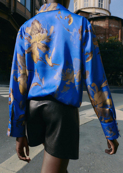 Women Blue Peter Pan Collar Print Silk Shirt Long Sleeve
