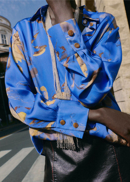 Women Blue Peter Pan Collar Print Silk Shirt Long Sleeve