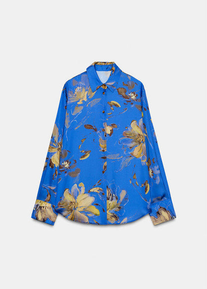 Women Blue Peter Pan Collar Print Silk Shirt Long Sleeve
