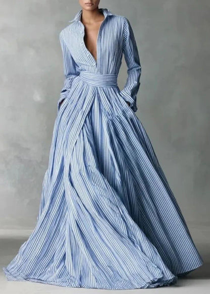 Women Blue Peter Pan Collar Striped Button Long Dresses Long Sleeve