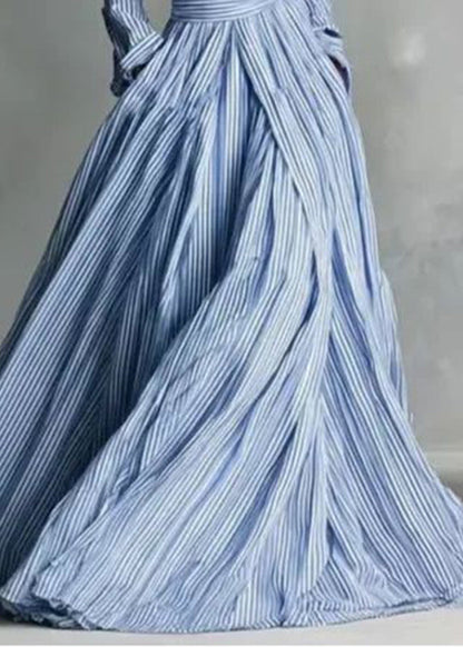 Women Blue Peter Pan Collar Striped Button Long Dresses Long Sleeve