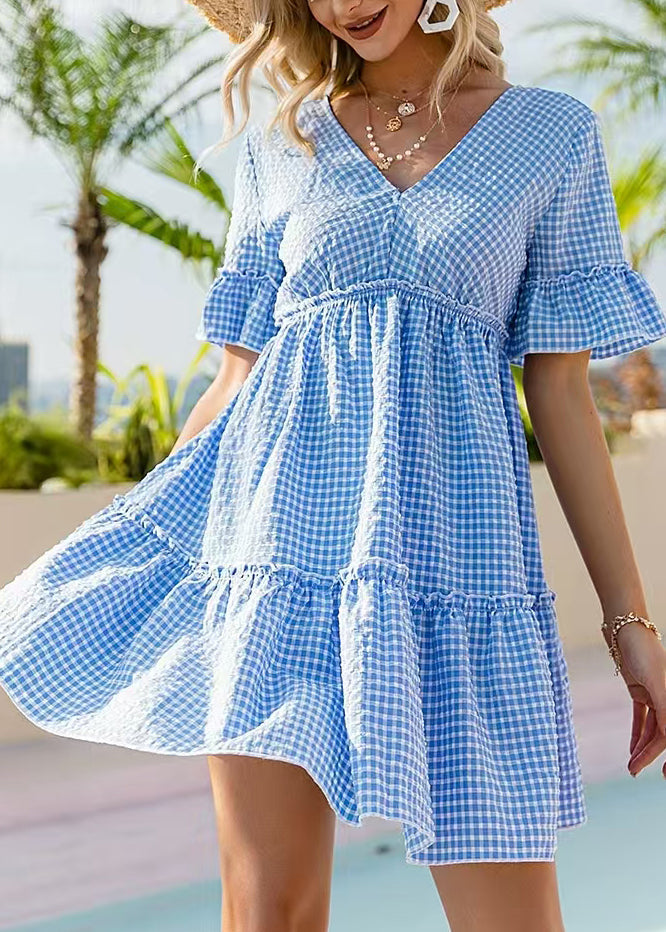Women Blue Plaid V Neck Lace Up Cotton Mini Dress Summer