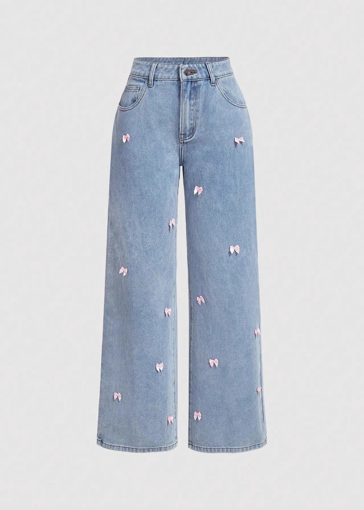 Women Blue Pockets Bow Wide Leg Jeans Fall
