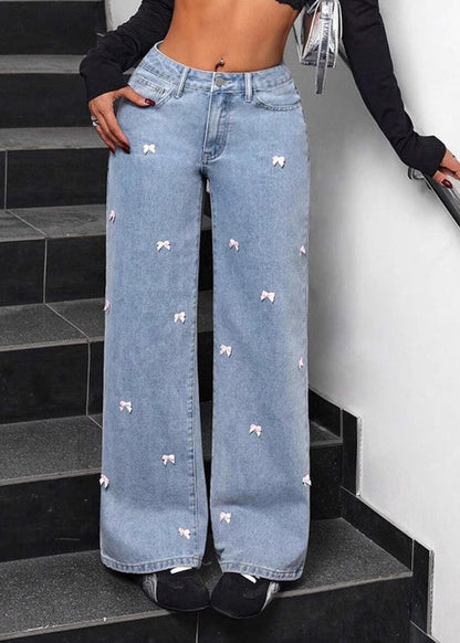 Women Blue Pockets Bow Wide Leg Jeans Fall
