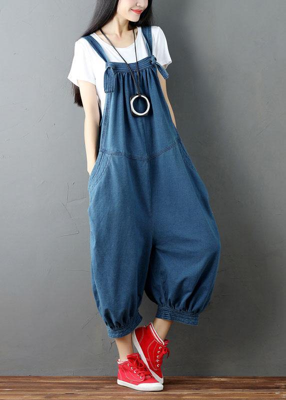 Women Blue Pockets Button Fall Casual Cotton Romper - SooLinen