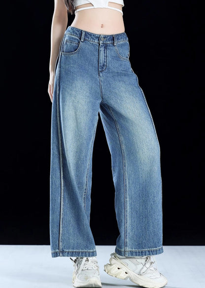 Women Blue Pockets Patchwork Denim Crop Pants Summer