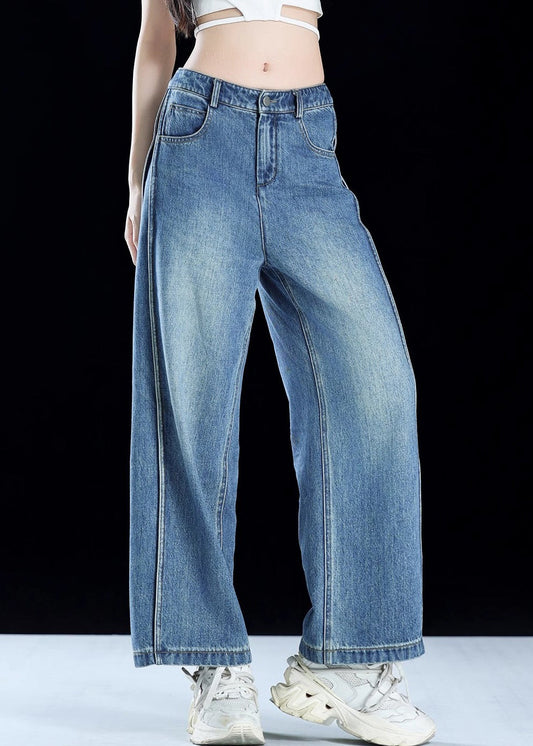 Women Blue Pockets Patchwork Denim Crop Pants Summer