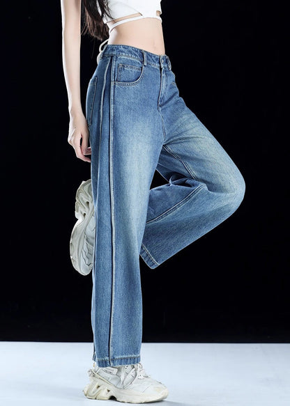 Women Blue Pockets Patchwork Denim Crop Pants Summer