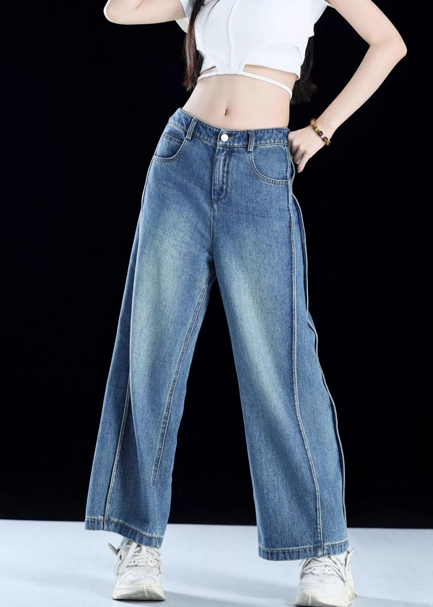 Women Blue Pockets Patchwork Denim Crop Pants Summer