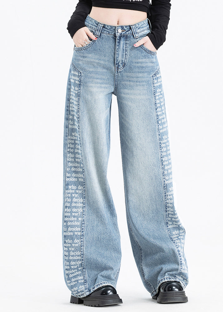 Women Blue Pockets Print Patchwork Denim Pants Spring