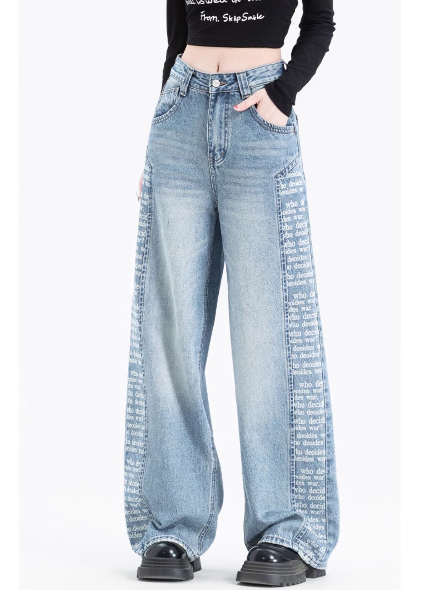 Women Blue Pockets Print Patchwork Denim Pants Spring