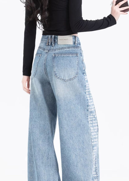 Women Blue Pockets Print Patchwork Denim Pants Spring