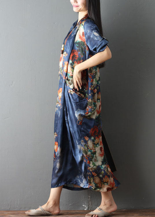 Frauen Blau Taschen Druck asymmetrische design Herbst Kleid Halbe