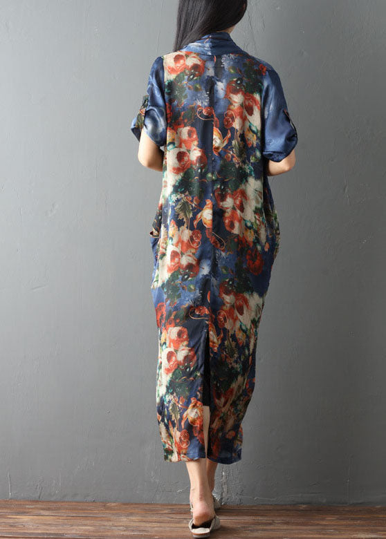 Frauen Blau Taschen Druck asymmetrische design Herbst Kleid Halbe