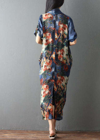 Frauen Blau Taschen Druck asymmetrische design Herbst Kleid Halbe