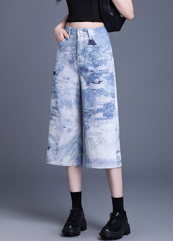 Women Blue Pockets Tie Dye Denim Crop Pants Summer