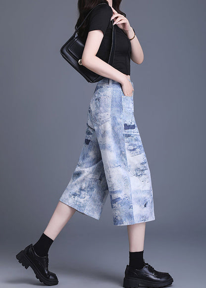 Women Blue Pockets Tie Dye Denim Crop Pants Summer