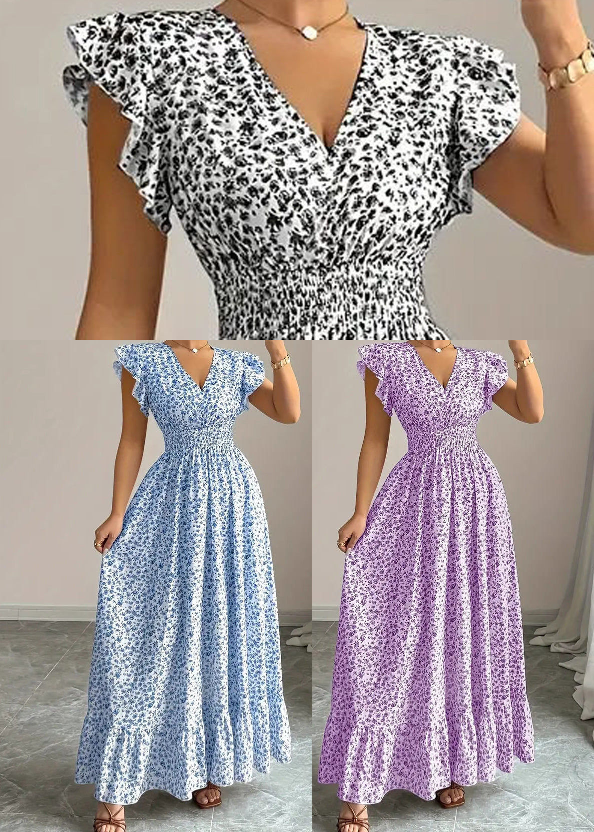 Women Blue Print Elastic Waist Cotton Maxi Dresses Summer