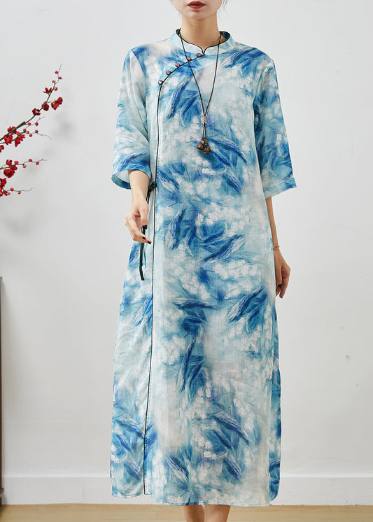 Frauen Blau Print Lace Up Leinen Cheongsam Kleider Sommer