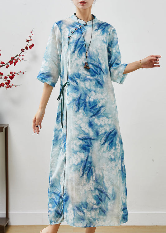 Frauen Blau Print Lace Up Leinen Cheongsam Kleider Sommer
