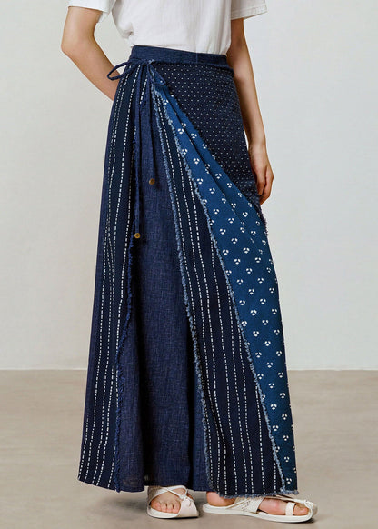 Women Blue Print Patchwork Cotton Wide Leg Pants Fall
