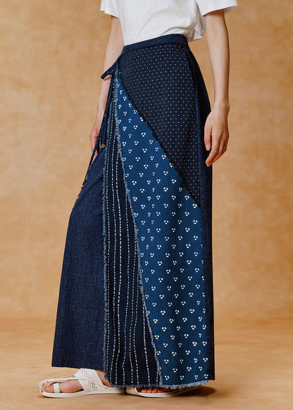 Women Blue Print Patchwork Cotton Wide Leg Pants Fall
