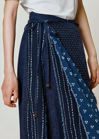 Women Blue Print Patchwork Cotton Wide Leg Pants Fall